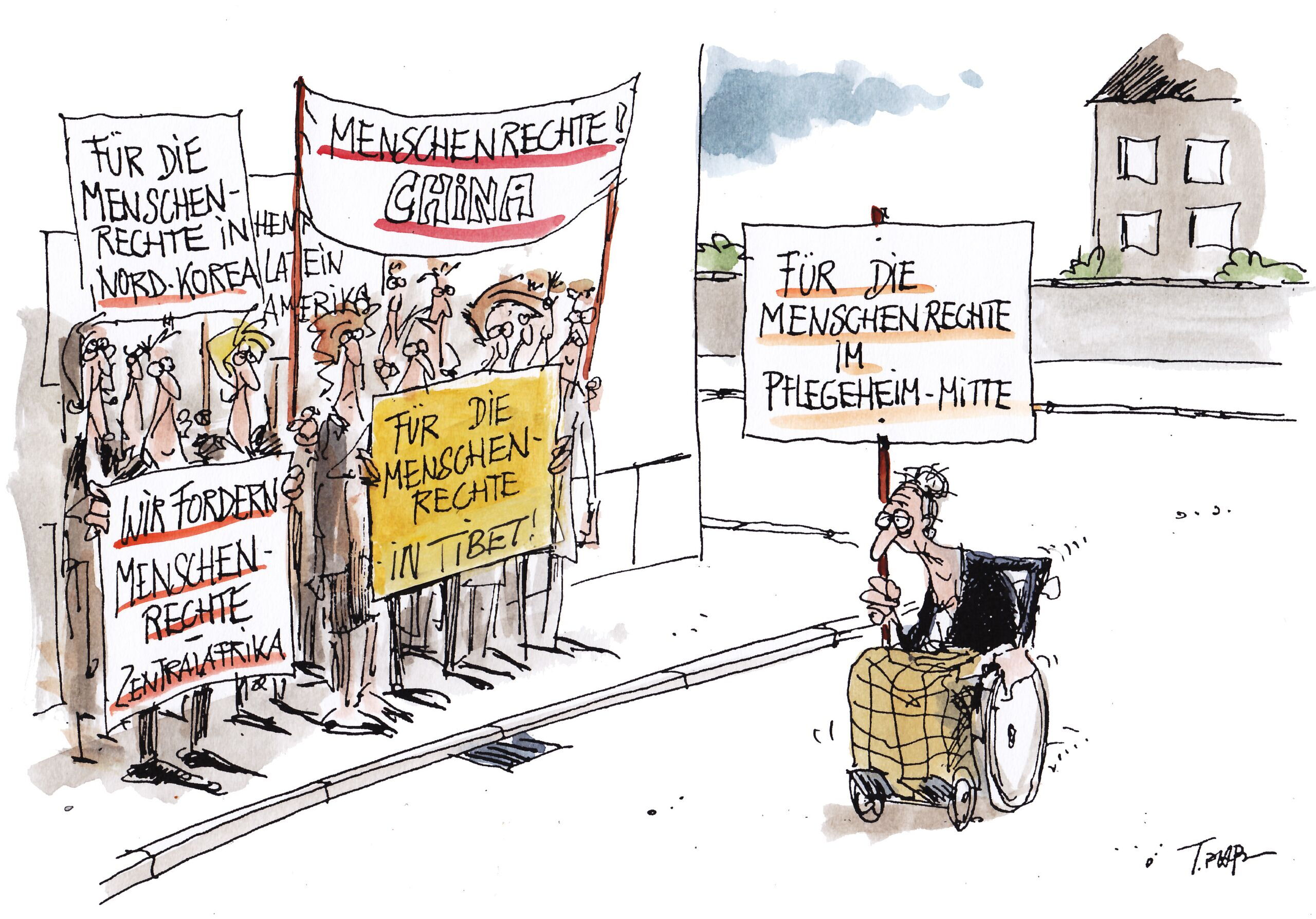 Karikatur symbolisch für die notwendigen besseren Bedingungen in Pflegeheimen